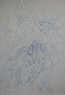 Adriano de Vincentiis | Preliminare di copertina. Cm. 35 x 50. Matita blu su cartoncino. Firmato e datato 2012. | Art e Fumetto