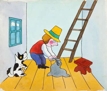 Jerzy Flisak (1930 - 2008) | Jerzy Flisak | "Idzie Grześ przez wieś", projekt ilustracji do książki-wycinaki do wiersza Juliana Tuwima, str. 7, 1982 | Desa Unicum