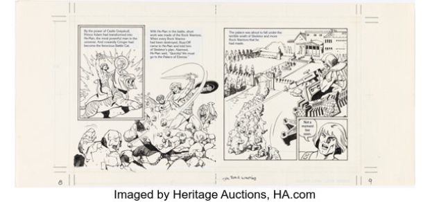 Fred Carrillo Masters of the Universe: The Rock Warriors Double-Page Spread 8-9 Original Art and Production Color Guides Group of 3 (Golden Books, 1985). (Total: 3 Original Art)