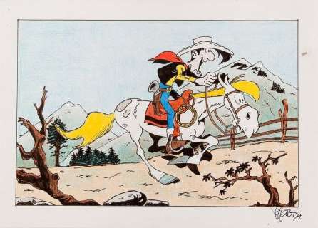 VITTORIO LEONARDO - Lot 893 - Lucky luke à cheval, superbe illustration Feutre, aquarelle...