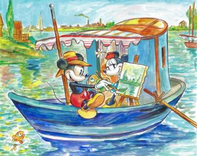 Mickey & Minnie Inspired By Edouard Manet Painting "Monet in his Studio Boat" - Original Painting - Tony Fernandez Signed - Acrylic Art | Catawiki