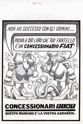 Benito Jacovitti | Pubblicità Concessionario Fiat: Successo con gli uomini | Tavole Originali