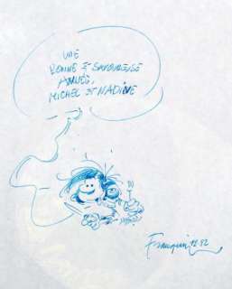 Franquin | Franquin Gaston dédicace encre bleue 1982 | JeanMichel.net