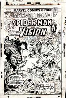 Ed Hannigan, Mike Esposito - marvel team-up #42 cover art (with published hand colored cover guide! (spider-man & vision vs the dark rider) 1975