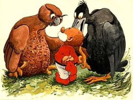 Jean Dulieu (Jan Van Oort) | Paulus de Boskabouter - Originele aquarel voor Margriet - Paulus in gesprek met Oehoeboeroe en Salomoo - Page volante - (1962/1965) | Catawiki