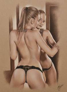 Denis Prenzel | Denis Prenzel - Original drawing - Pin-up - Mirror - Size: 30 x 40 cm. | Catawiki