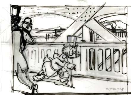 Tony Fernandez, Disney Artist | Scrooge McDuck Inspired by Gustave Caillebotte’s The Europe Bridge - Original Preliminary Sketch - Signed by Tony Fernandez | Catawiki