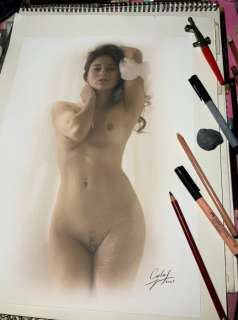 Calas, J.M. | Jean Michel Calas - Dessin original en couleur - Simplement femme - Format: 29,7 x 42 cm. - (2021) | Catawiki