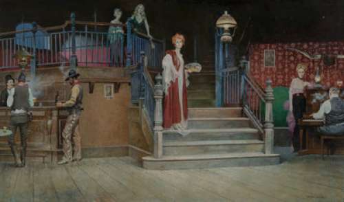  - Robert McGinnis (American, b. 1926)
 Saloon Madame
 Tempera on board
 20-1/2 x 34-1/2 inches (52.1 x 87.6 cm)
 Signed lo...