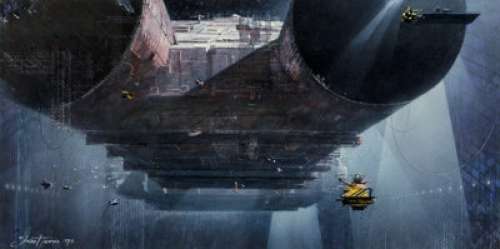  - John Harris (American, b. 1948)
 The Building of FTL1, 1979
 Mixed media on paper
 13 x 26 inches
 Signed and dated lowe...