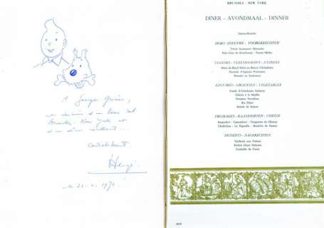 Hergé | Dédicace Menu proposé lors d’un vol Bruxelles New-York le 22 avril | Millon