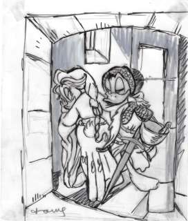 Tony Fernandez, Disney Artist | Donald & Daisy inspired by Burton’s "The Meeting on the Turret Stairs" (1864) - Original Preliminary Sketch - Tony Fernandez Signed | Catawiki