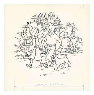 Hergé Studio | TINTIN. Illustration originale, utilisée pour la réalisation d’un autocollant distribué avec le fromage Tintin en 1978. Encre de Chine sur papier | Christie’s