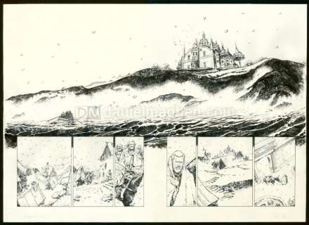 Stefano Carloni - Double-planche originale n°4 et 5. Rustine en case 1 - Uraniborg, 1594. La Bête de l‘île - Les Savants