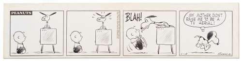 Charles Schulz Original Hand-Drawn ’’Peanuts’’ Comic Strip from 1960 Where Snoopy Walks on Four Legs -- Snoopy Resents His Ears Being Used as TV Antennae | Nate Sanders