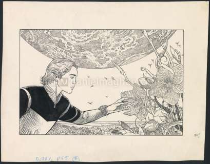 Moebius - Illustration originale réalisée en 1987 pour le roman de science-fiction "Project Pendulum" de Robert Silverberg. Au dos, un bleu de Garage hermétique avec les indication couleur de Moebius