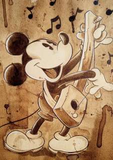 Guti, Coffee Artist | Mickey Mouse Playing Guitar - Original Coffee Artwork - 41 x 31 cm - Guti - Signed - Original Artwork - No reserve price! | Catawiki