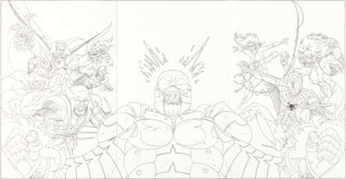 Scott Kolins Marvel Team-Up #11-13 Panoramic/Mosaic Cover Original Art Group (Marvel, 2005). Spider-Man, -