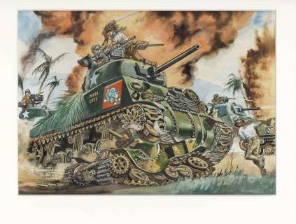 Shigeru Komatsuzaki‘s hand-drawn Hand-Drawn Color Illustration "M4 Medium Tank Sherman"