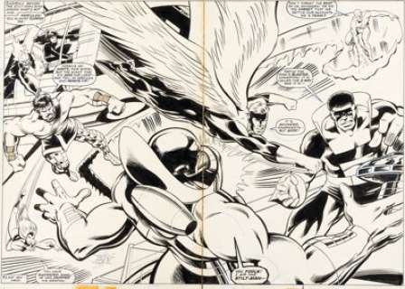 John Byrne and Bob Layton The Champions #12 Double Splash Pages 2-3 Original Art (Marvel, 1977). (Total: 2 Original Art)