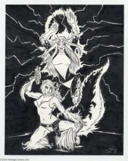 Sharon Ronk - Binary and Hepzibah Pin Up Original Art (2004).  Two Starjammers, Carol Danvers, as Binary, and the -