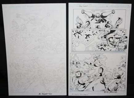 Al Bigley, Bob Almond | Blue Jacket P.3 - Mecha Man Blasts Other Mecha Men - Set of 2: Pencil And Blue Line Ink Art Only Pages - Signed | Anthony’s Comic Book Art