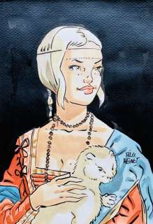 Meynet, Félix - 1 Original colour drawing - Hommage à Leonard de Vinci - Dame à l’hermine | Catawiki