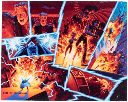 Lot 28 - THE BROTHERS HILDEBRANDT X-MEN 2099: OASIS #1 COMIC BOOK DOUBLE PAGE SPREAD ORIGINAL ART PAINTING. | Hake’s